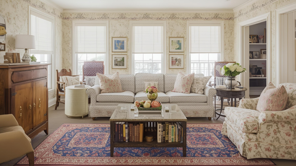 Cozy Grandmacore living room with floral upholstery, lace curtains, and vintage-inspired décor accents