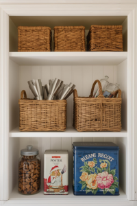 wicker baskets and tins for displayh