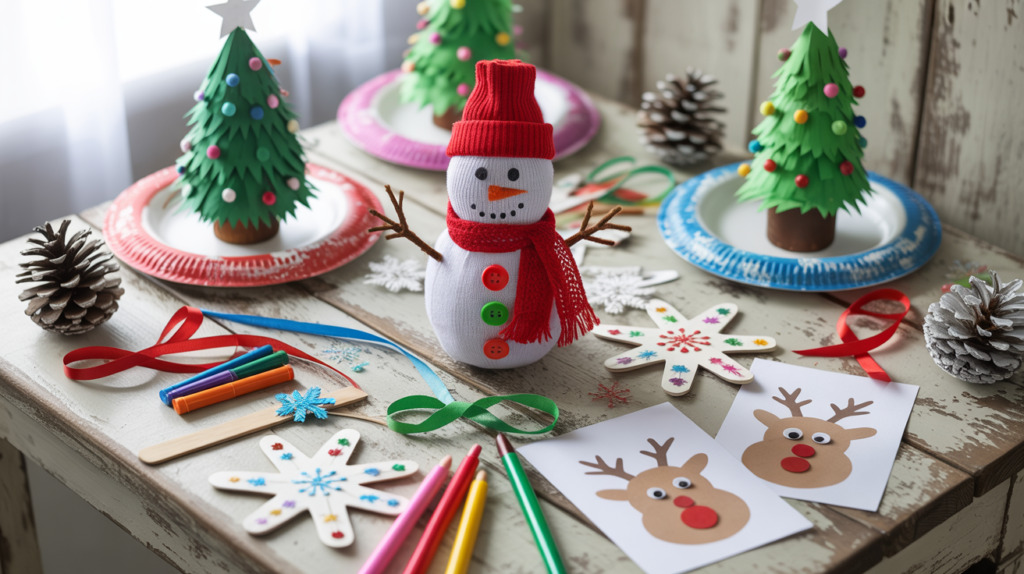 A bright, cheerful flat lay of DIY Christmas crafts made by kids on a white wooden table. Include colorful paper plate Christmas trees, painted pinecones, popsicle stick snowflakes, handprint reindeer cards, and a sock snowman. Add touches of glitter, ribbons, pom-poms, markers, and craft supplies scattered around for a festive, homemade holiday feel.