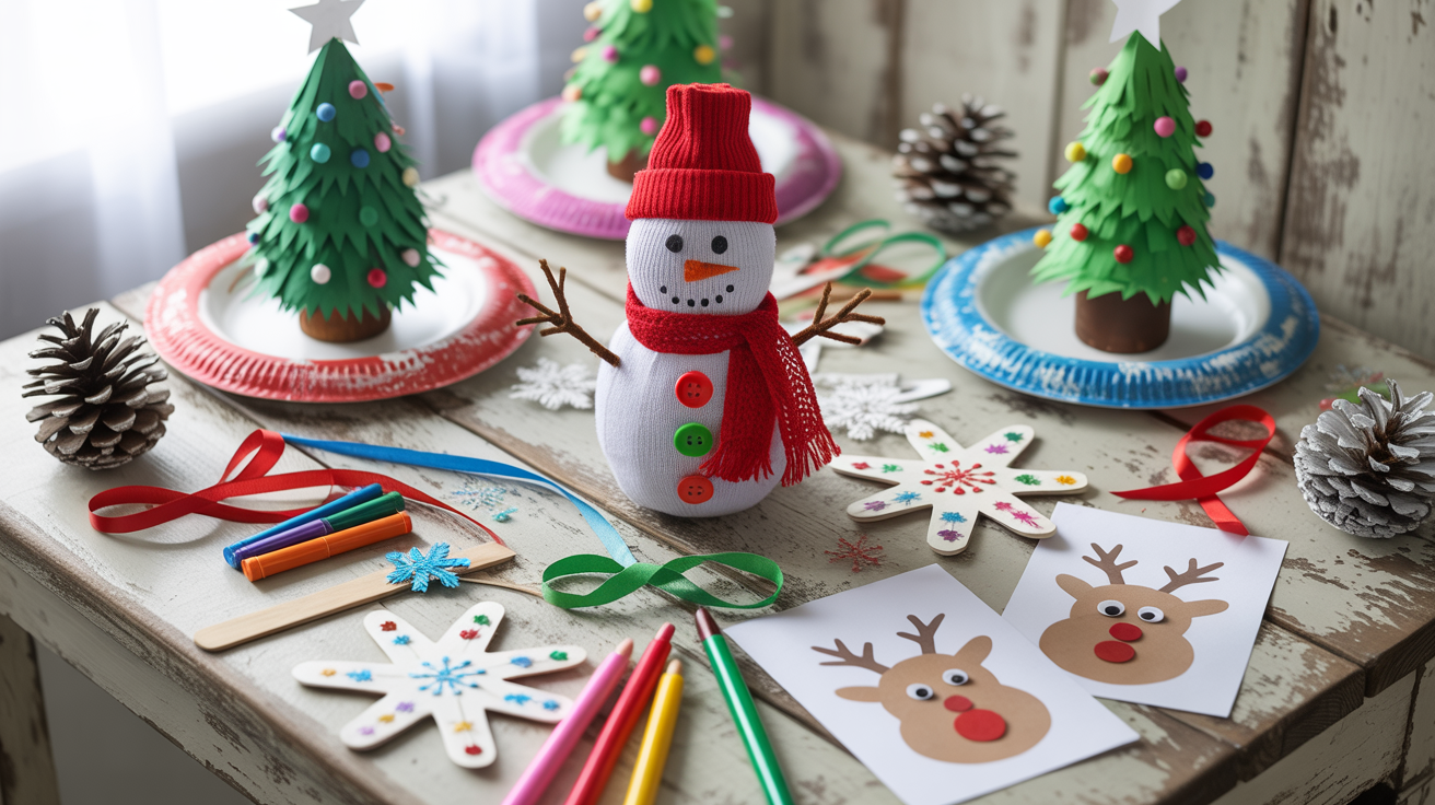 A bright, cheerful flat lay of DIY Christmas crafts made by kids on a white wooden table. Include colorful paper plate Christmas trees, painted pinecones, popsicle stick snowflakes, handprint reindeer cards, and a sock snowman. Add touches of glitter, ribbons, pom-poms, markers, and craft supplies scattered around for a festive, homemade holiday feel.