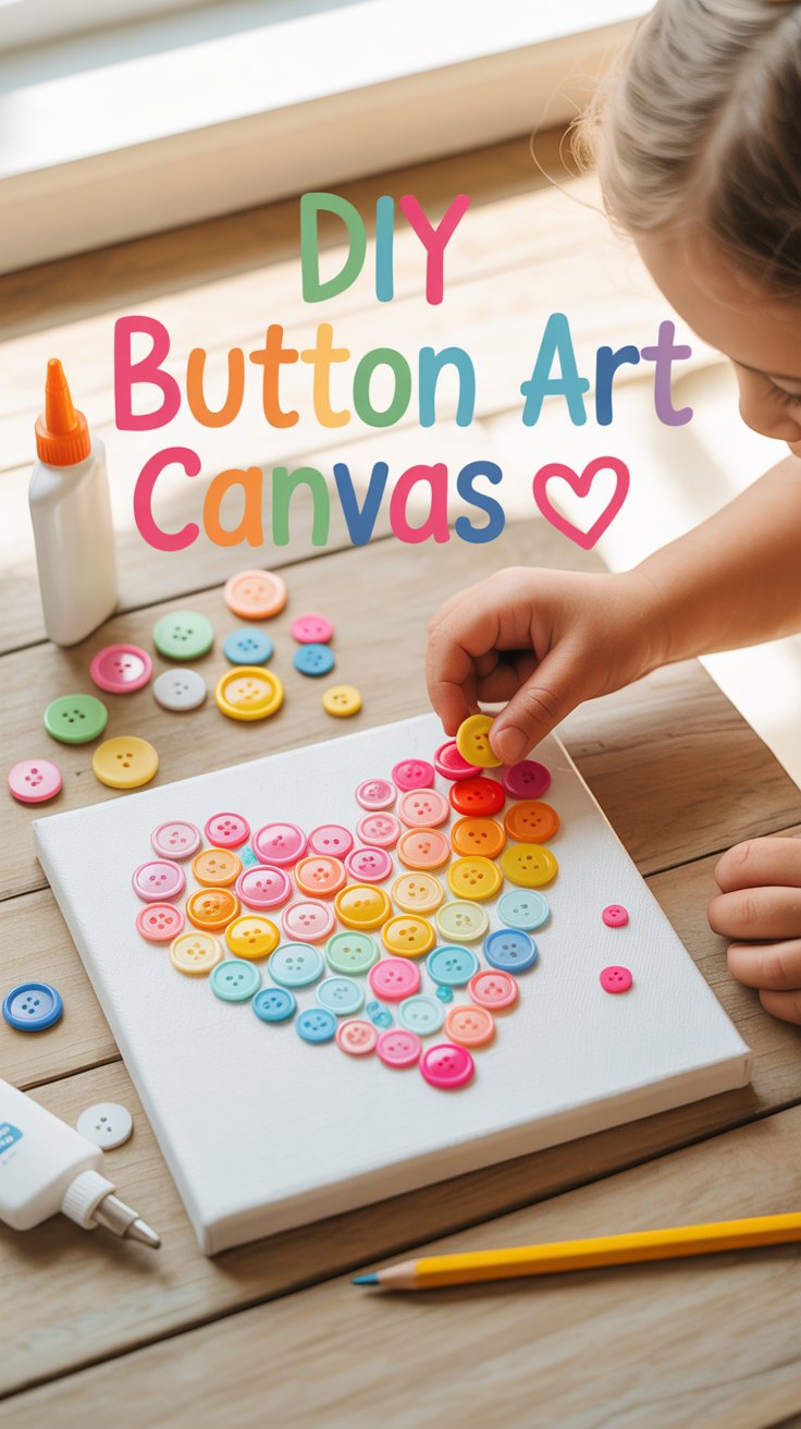 Colorful buttons arranged in a heart shape on a white canvas for a kids’ DIY art project.