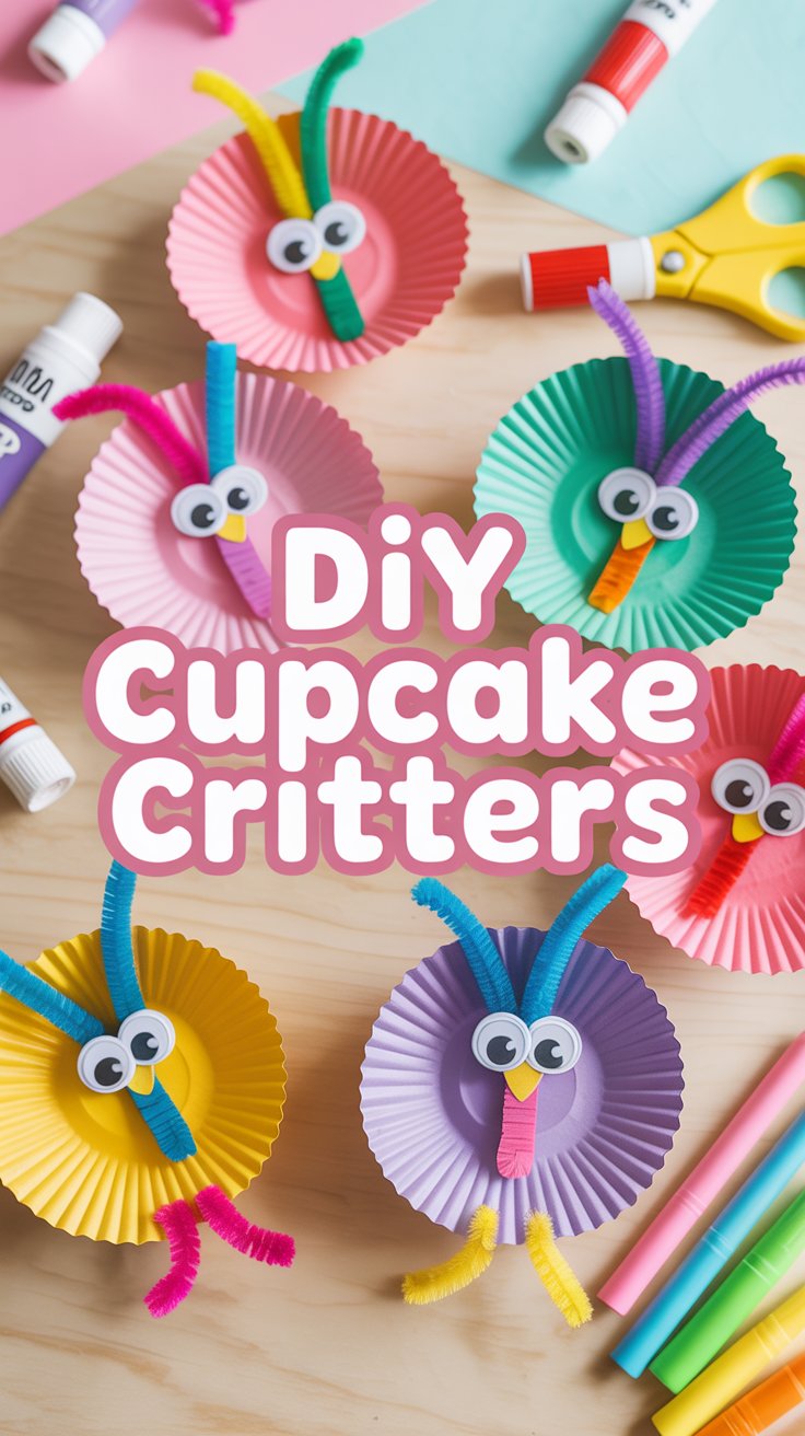 Colorful cupcake liner critters decorated with googly eyes and pipe cleaners on a kids’ craft table.