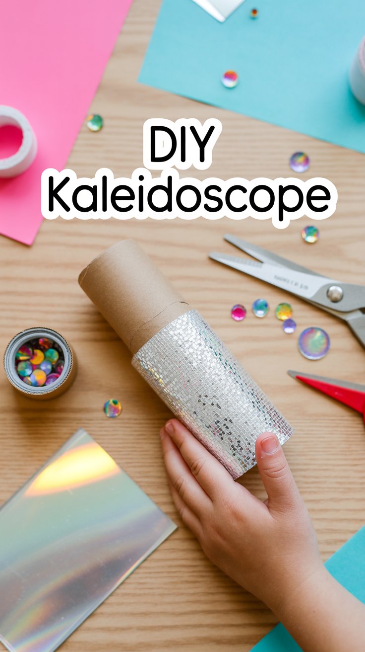 DIY kaleidoscope made from a cardboard tube, foil, and colorful beads on a kids’ craft table.