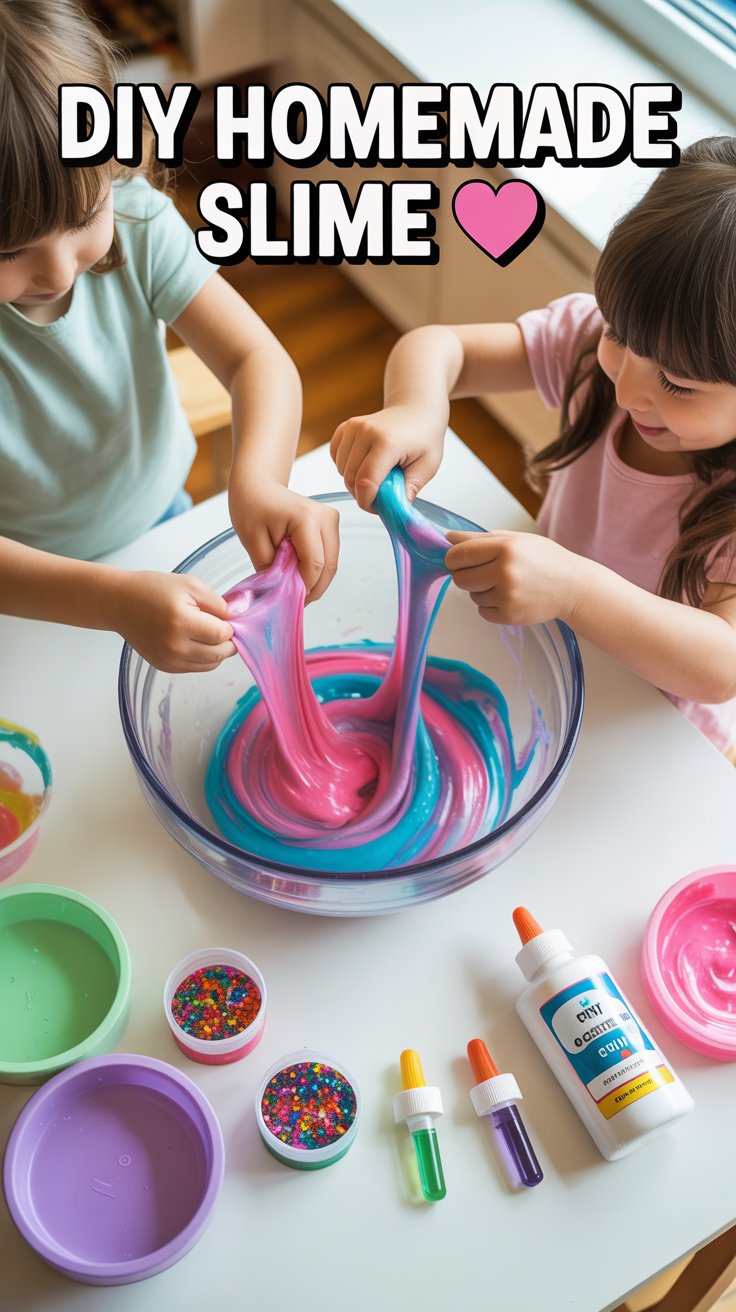 Children making colorful homemade slime with glue, glitter, and food coloring on a craft table.”