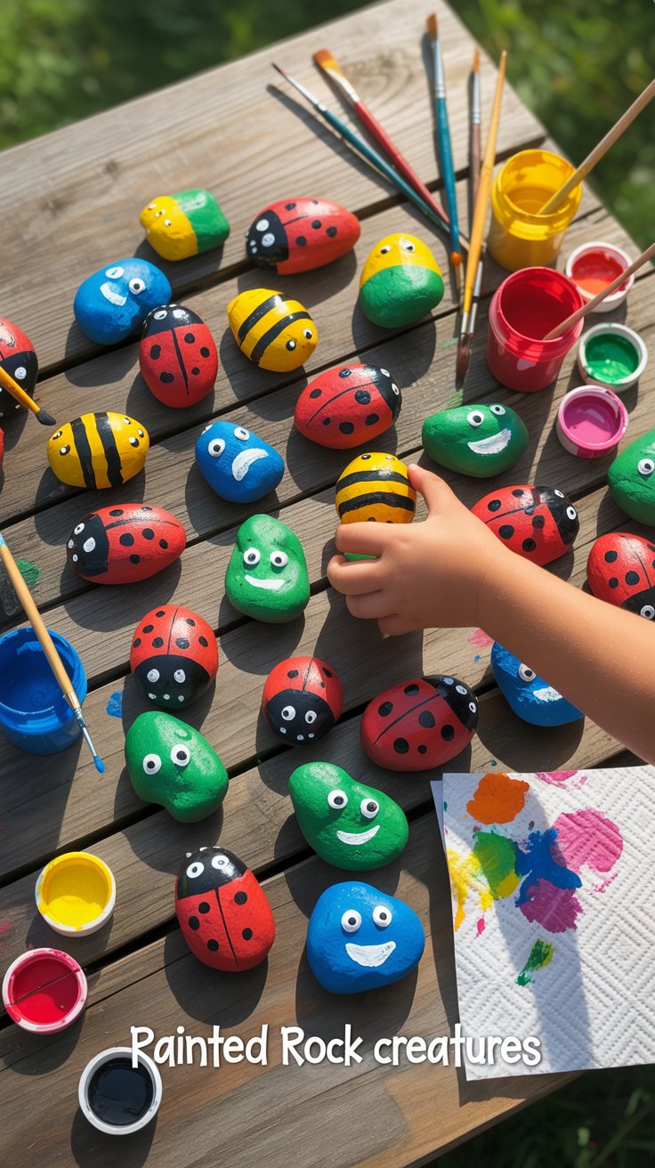 “Colorful painted rock creatures like ladybugs and bees on a wooden table with paints and brushes.”