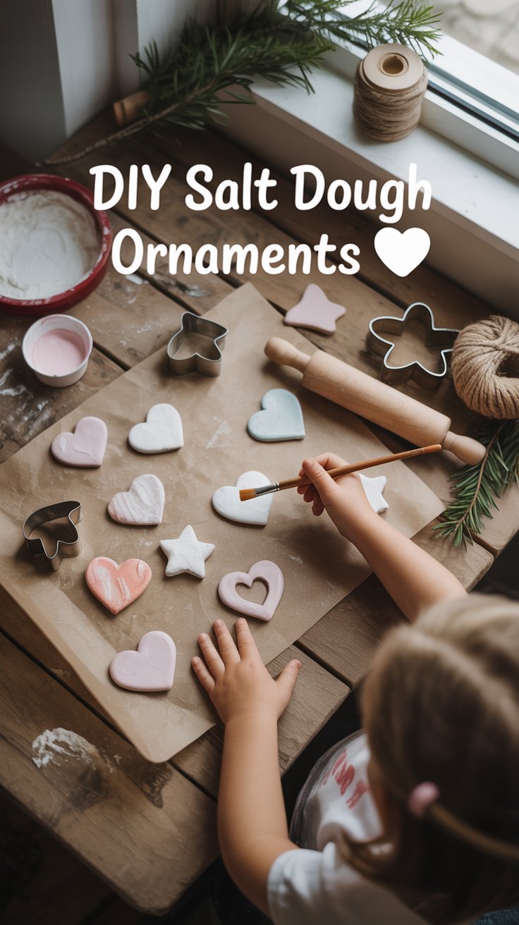 Children making salt dough ornaments with cookie cutters and paint on a rustic wooden table.