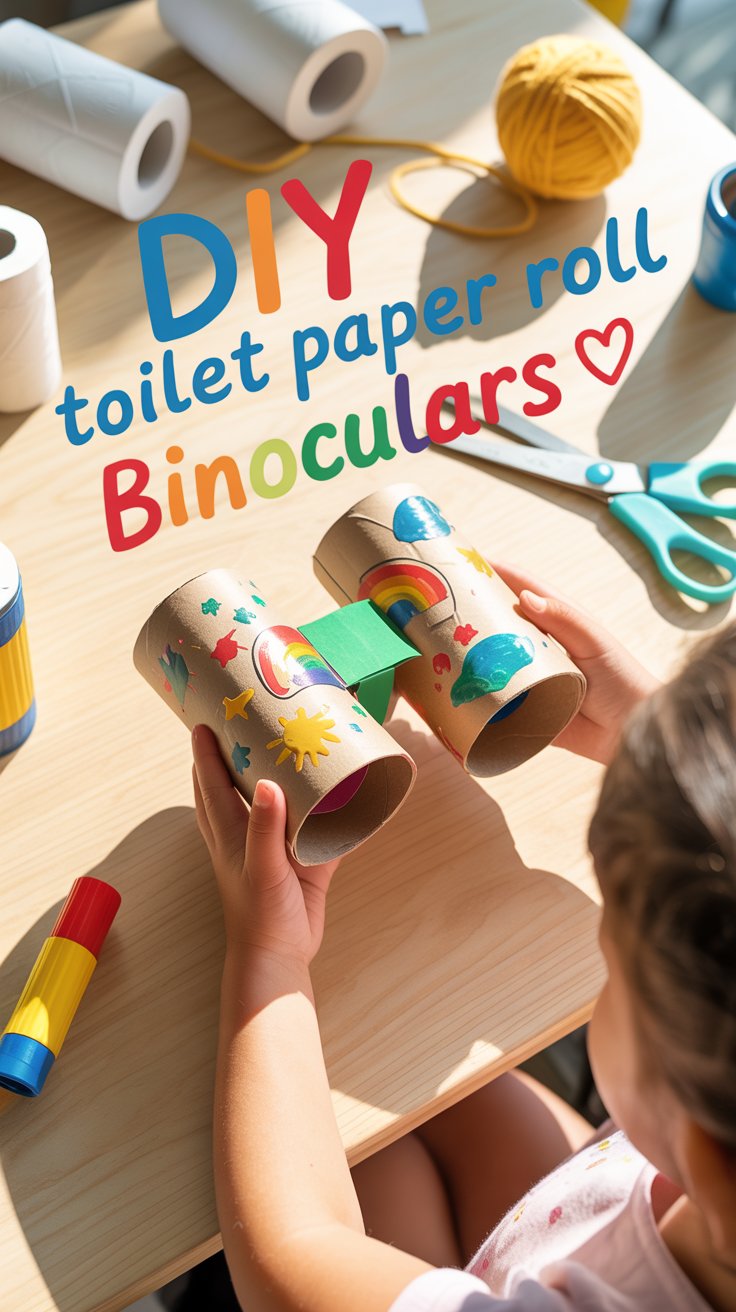 “Colorful toilet paper roll binoculars decorated with paint and yarn on a kids’ craft table.