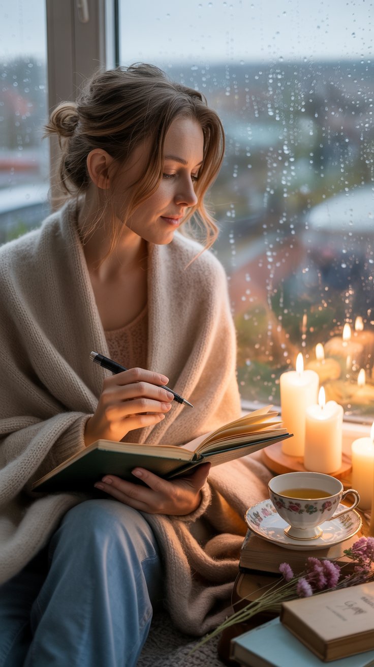 A cozy moment by a window — a woman journaling or reading with a steaming cup of tea beside her. Rain streaks softly on the glass, candles glow nearby, and she’s wrapped in a blanket. The colors are warm and muted, evoking calm, reflection, and peace. Pinterest cozy lifestyle aesthetic, soft lighting, no text.
