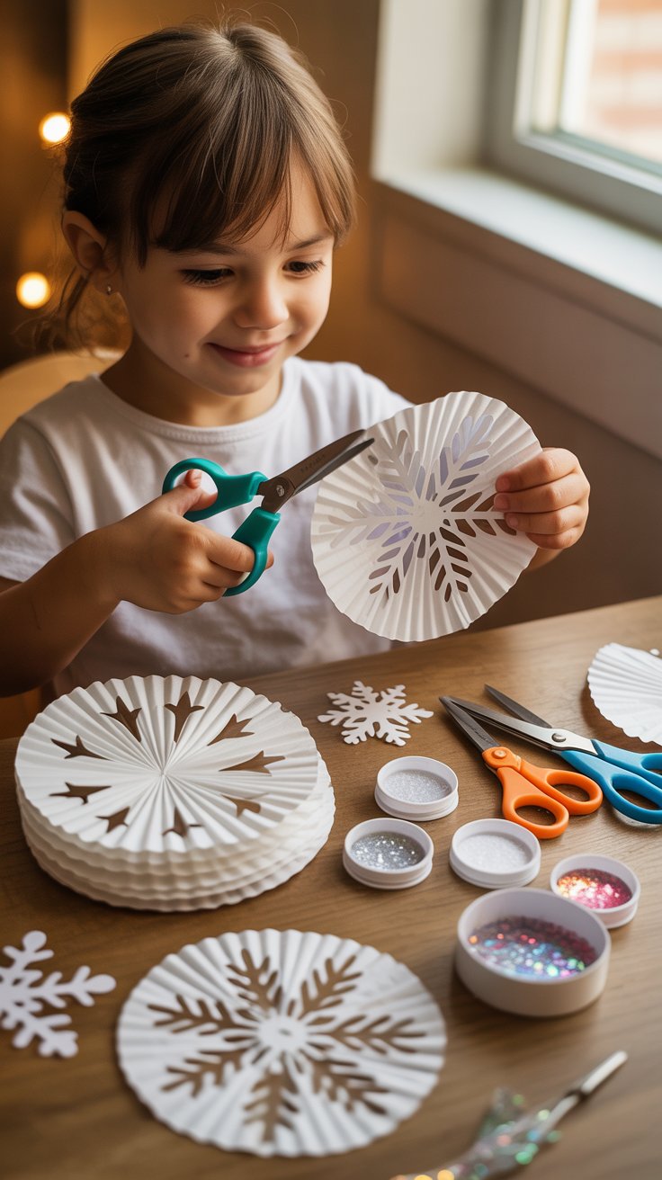 Alt Text: Child making coffee filter snowflakes with scissors and glitter on a cozy indoor crafting table, showcasing creativity and joy in winter crafting activities.
