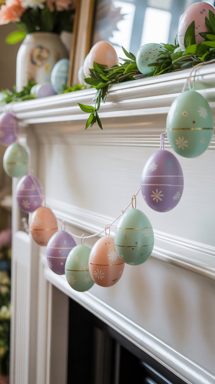 DIY pastel Easter egg garland featuring mint, lavender, and peach colored eggs strung together with floral wire, hanging elegantly across a window