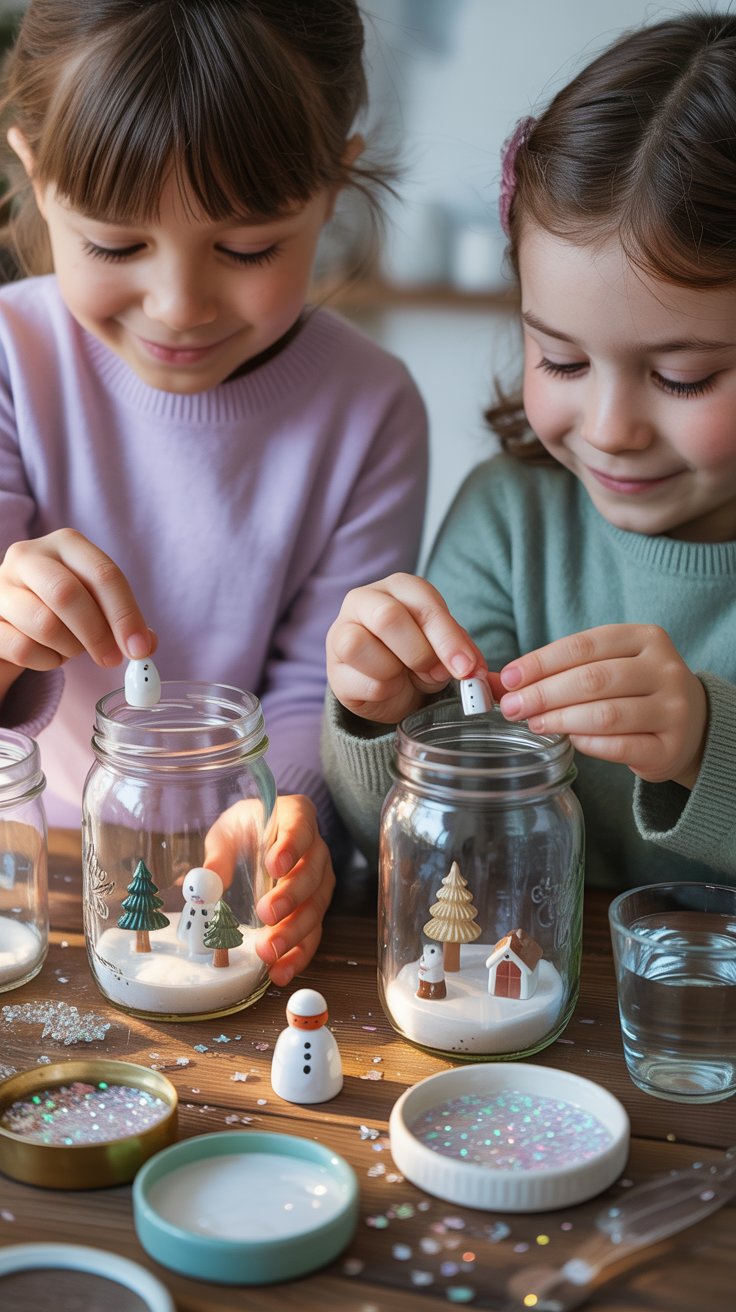 Children creating DIY snow globe jars with mason jars, figurines, and glitter on a table, showcasing focus and creativity in making personalized winter decorations.