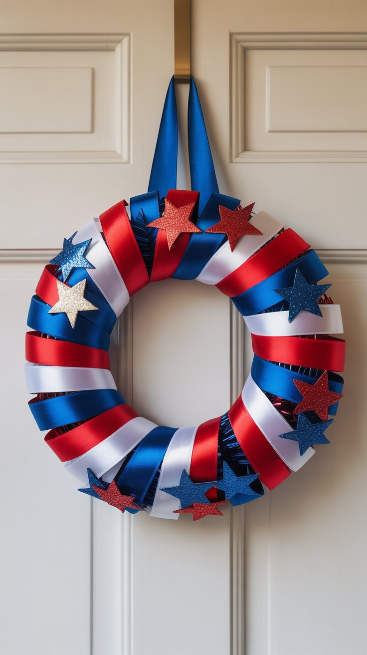 DIY Fourth of July wreath adorned with red, white, and blue ribbons and patriotic star embellishments, adding festive flair to any front door.
