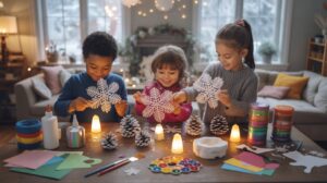 Children engaging in snow day craft activities, showcasing colorful materials like yarn and glitter on a table, with snowflake cutouts and pine cone decorations in a cozy indoor setting.