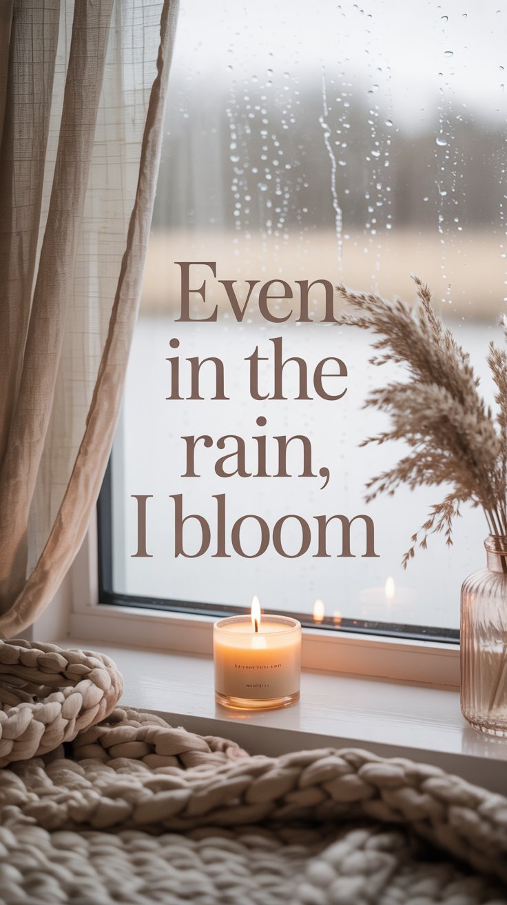A minimalist boho aesthetic with a cozy rainy-day atmosphere — soft beige and warm neutral background, gentle natural lighting, a lit candle beside a window with light rain outside, subtle textures like linen or woven fabric. Add elegant centered text in a modern script or serif font that reads: “Even in the rain, I bloom.” — warm, feminine, and calming mood. Pinterest quote graphic, clean composition, soft focus, cozy boho vibe.