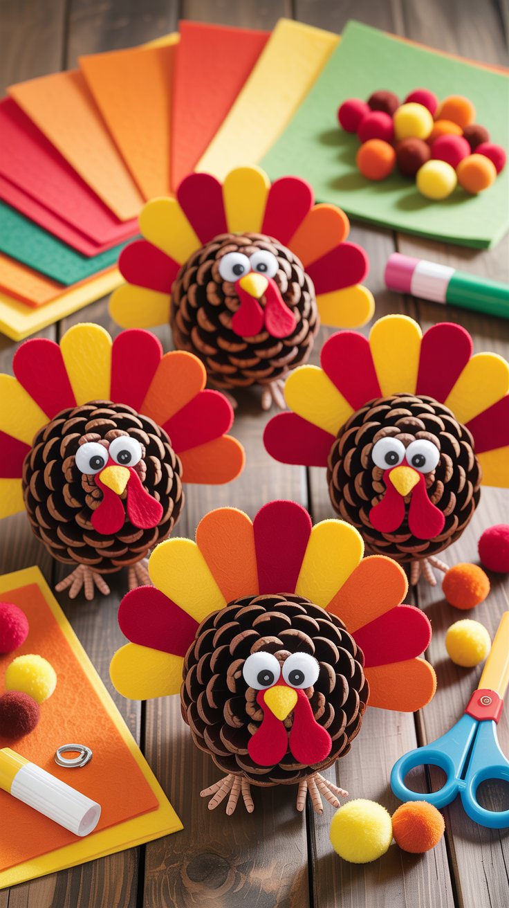 A creative Thanksgiving craft project featuring pinecone turkeys decorated with colorful felt feathers and pom-pom eyes, set against a festive background.