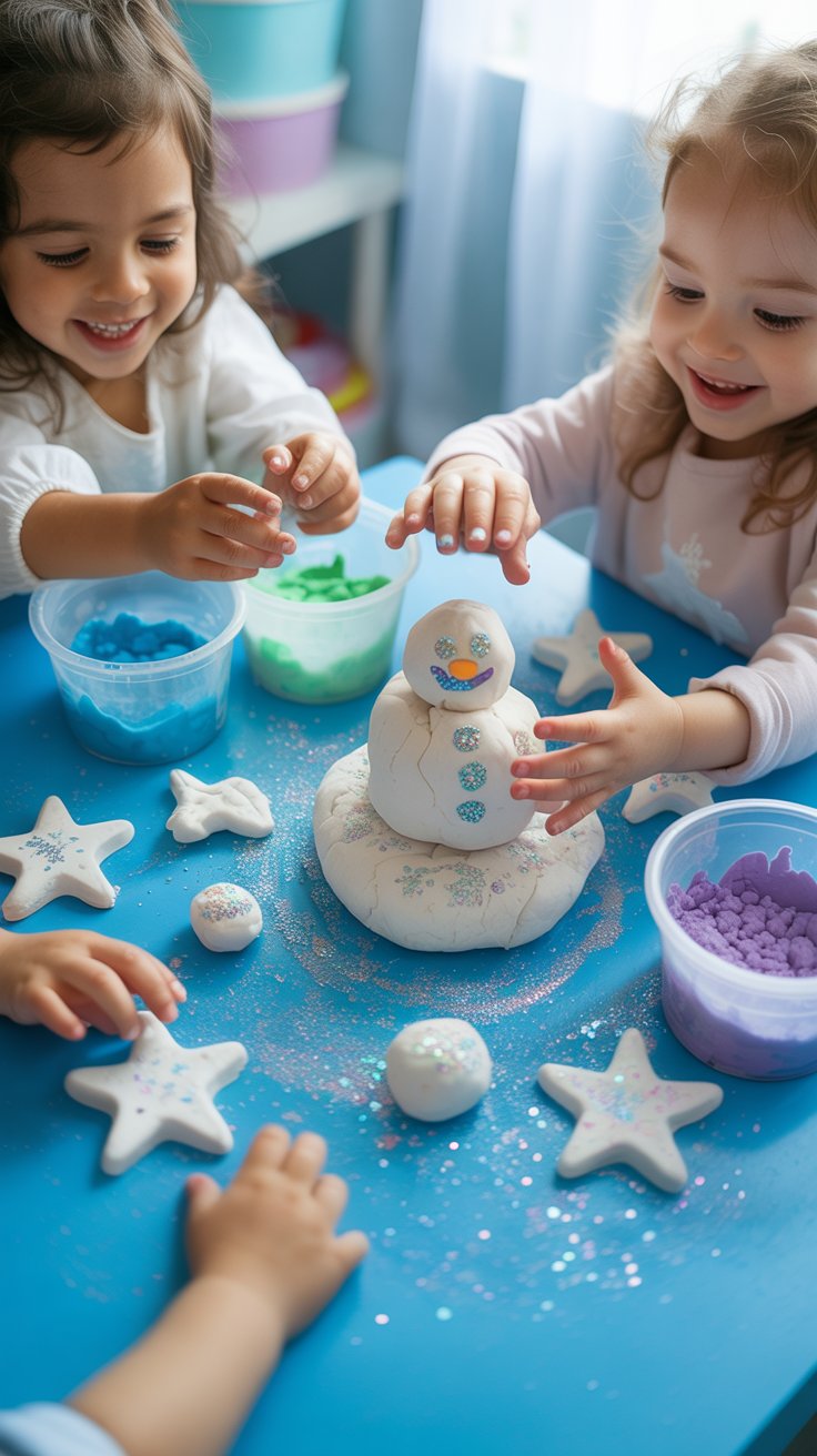 Children playing with homemade sparkly snow playdough at a vibrant table, surrounded by colors and glitter, illustrating a fun and creative winter acti