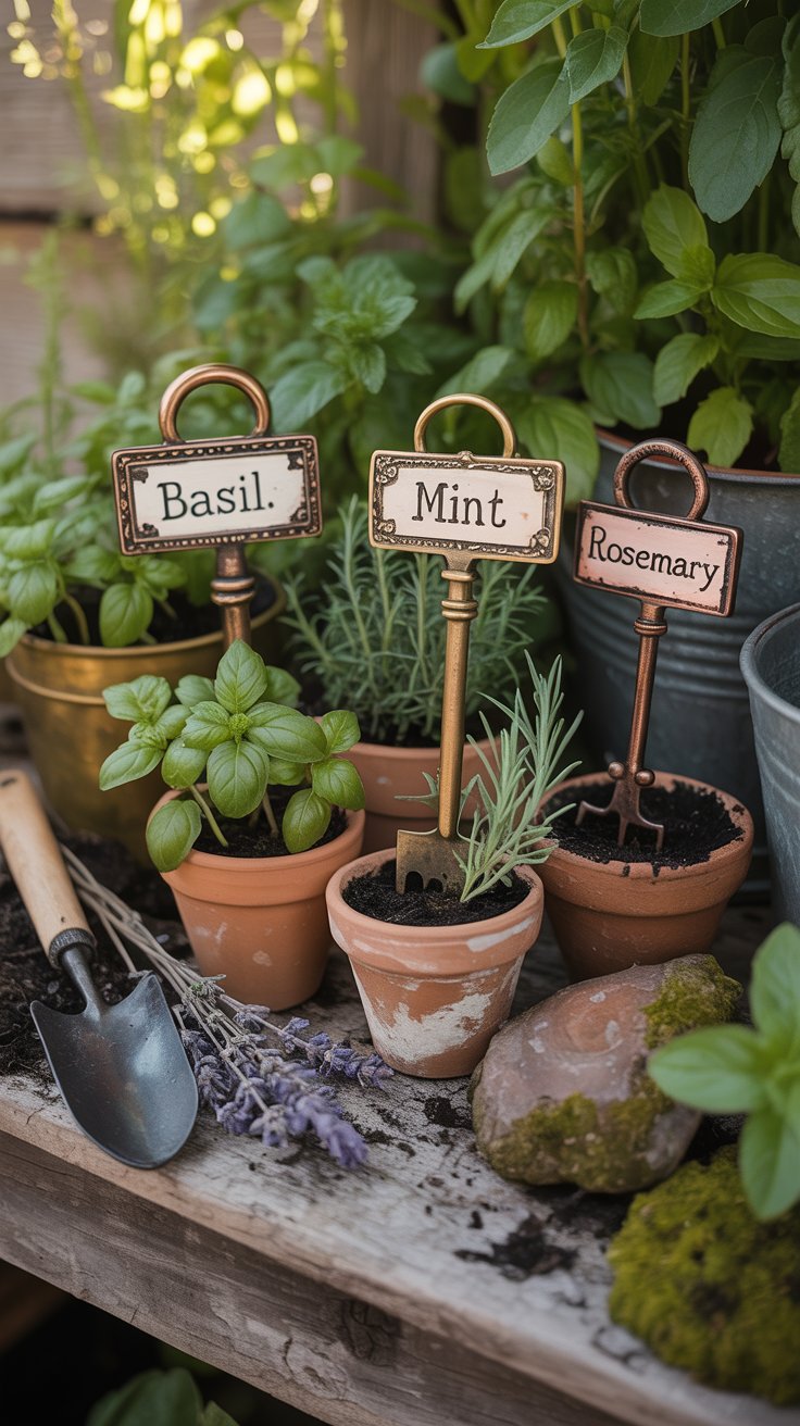 painted vintage keys labeled with herb names like basil, mint, rosemary, placed in small garden pots, natural outdoor lighting, fresh greenery, cottagecore aesthetic