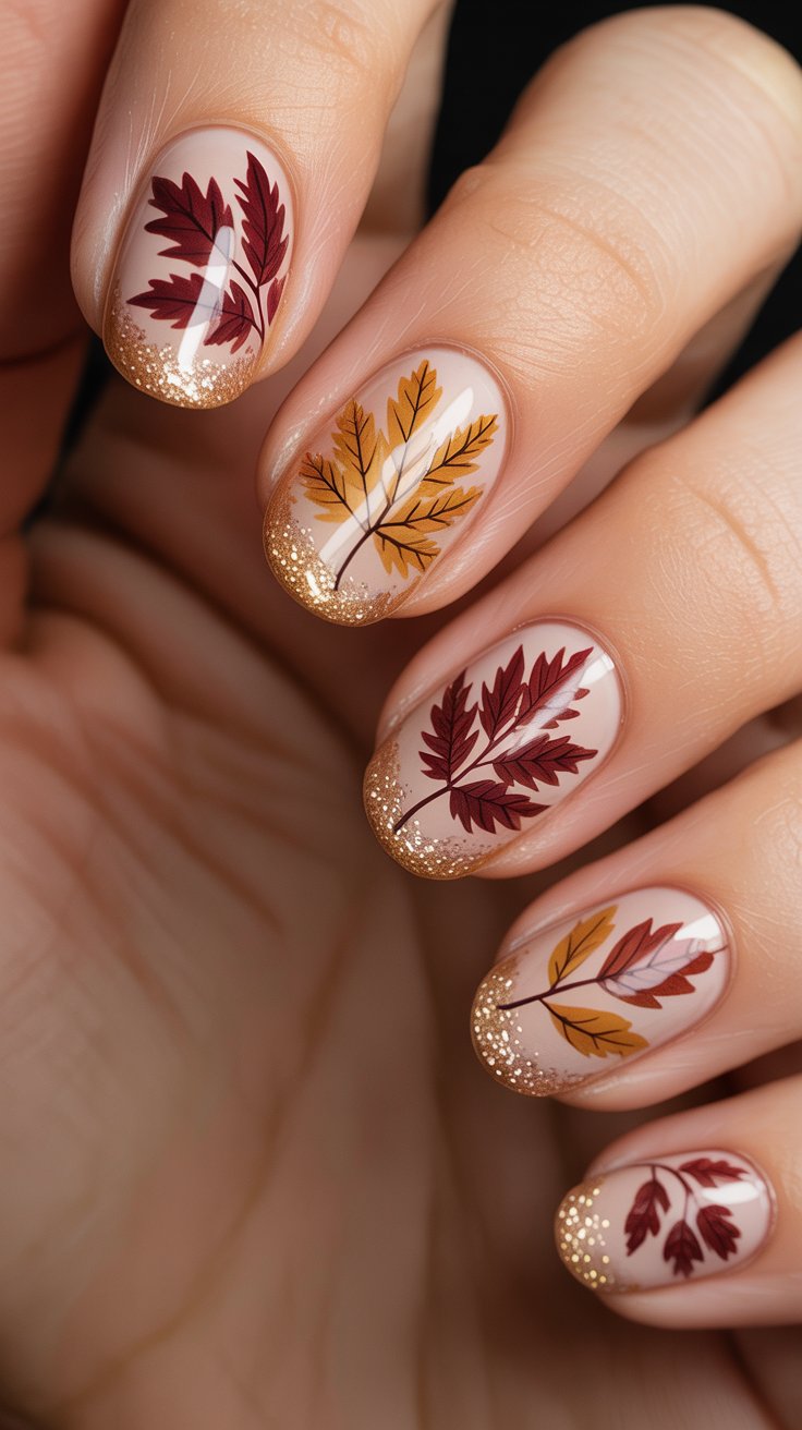 fall leaves with gold nail desing