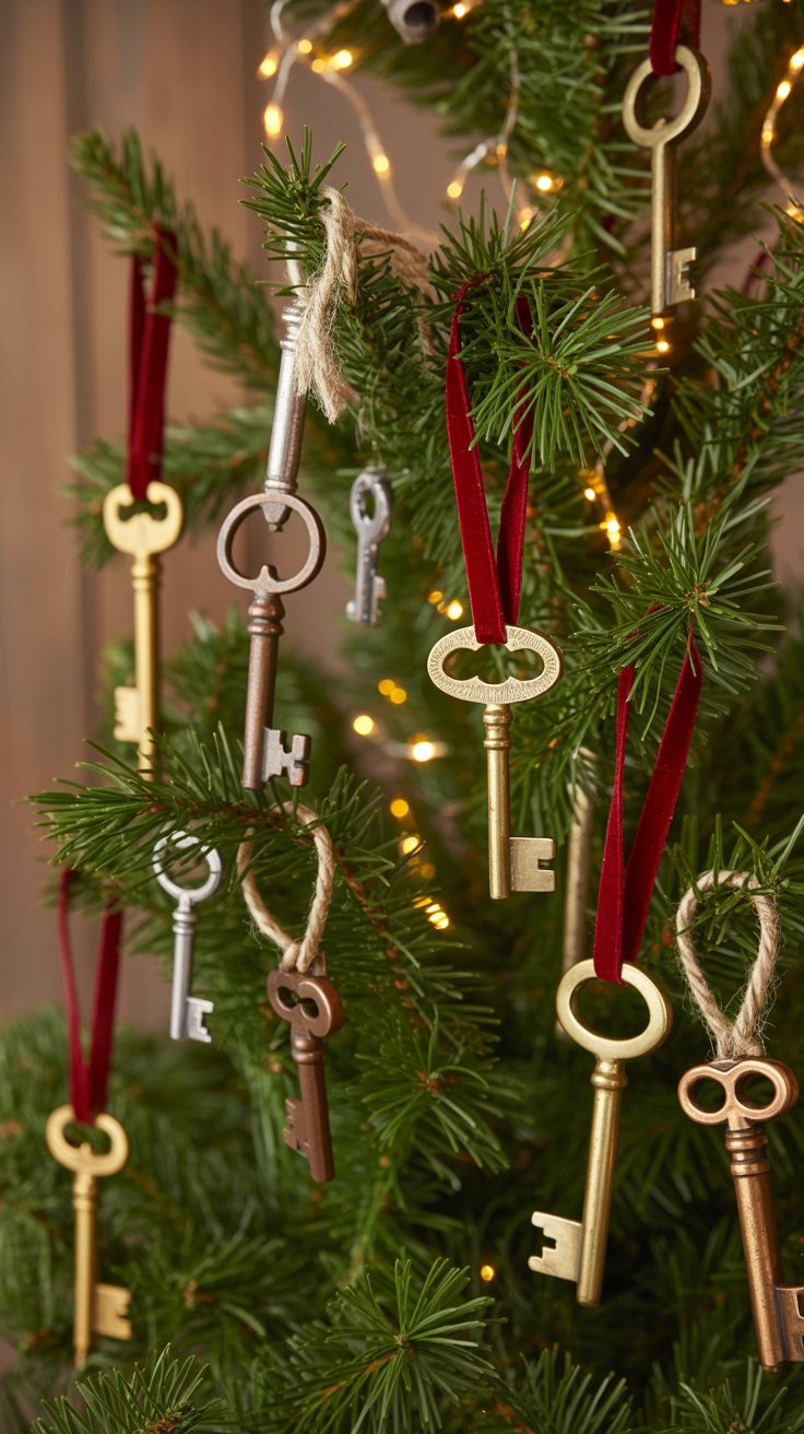 christmas tree branch decorated with metallic painted vintage keys tied with ribbons, warm twinkling lights in background, soft festive glow, rustic holiday aesthetic