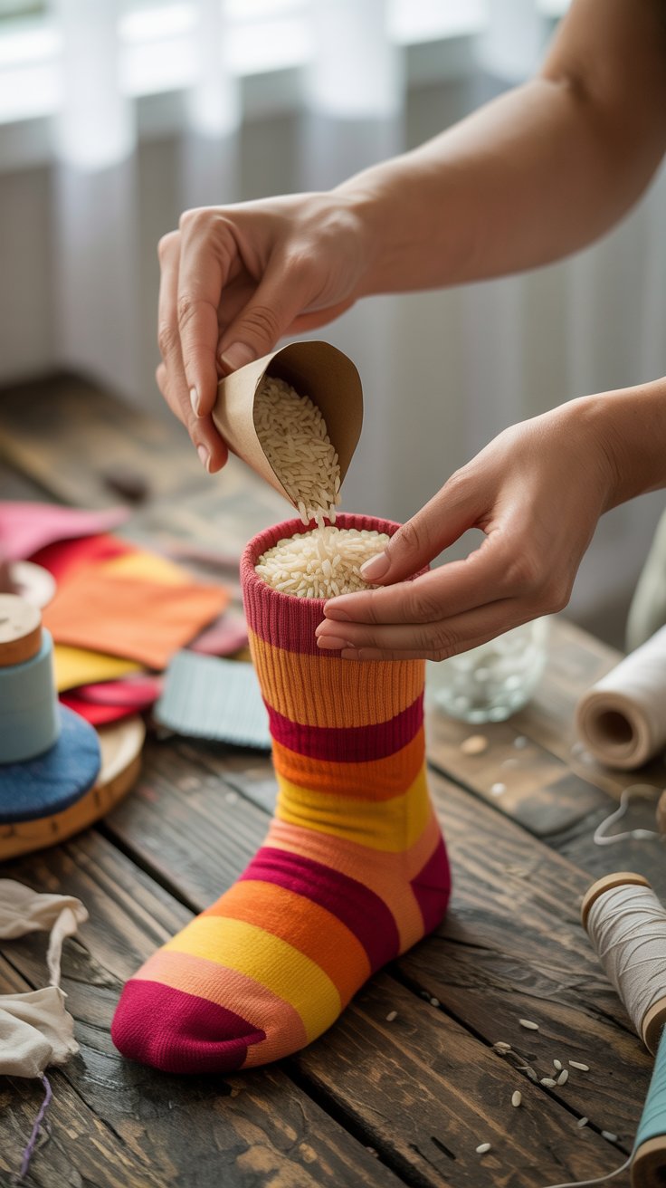 Hands filling a sock with rice to form the base of a DIY sock gnome craft.
