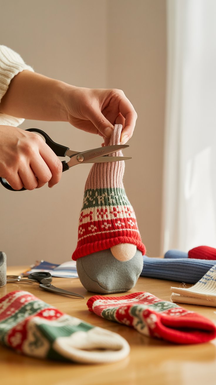 Crafting a gnome hat by cutting a sock and fitting it over the body.