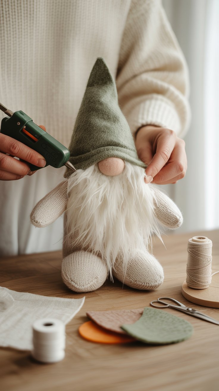 Attaching a faux fur beard to a sock gnome craft using hot glue.