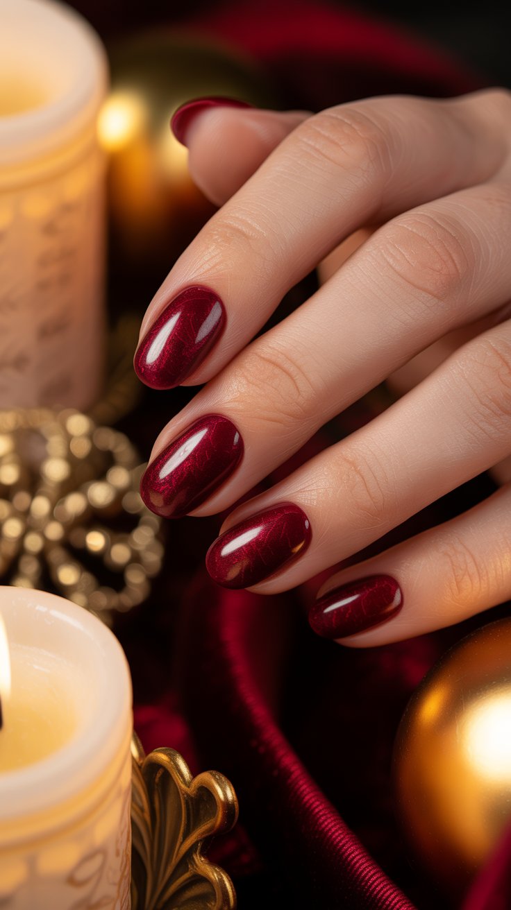 Velvet-effect winter nails in rich jewel tones, shown with cozy sweater textures and soft lighting.