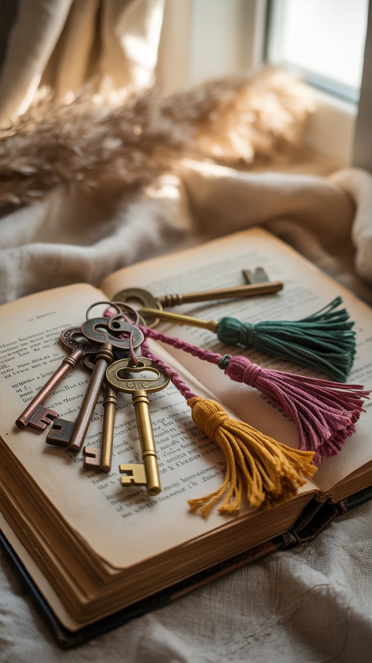 close-up of vintage metal keys with colorful tassels attached, arranged on an open book with cozy neutral background, warm natural light, soft focus, boho diy aesthetic