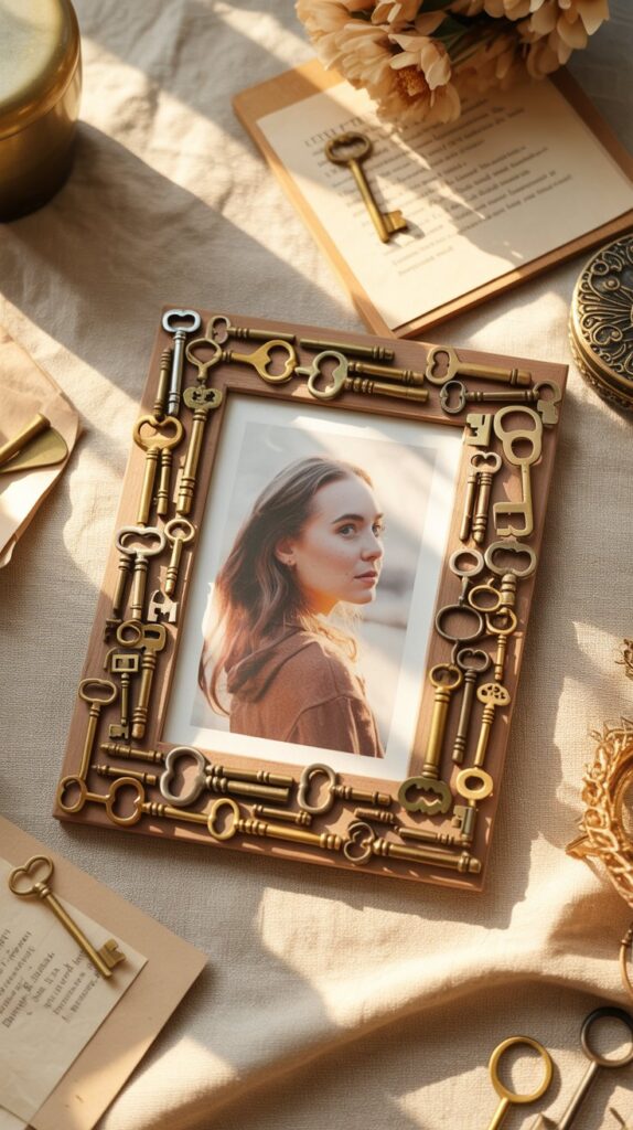 diy picture frame decorated with antique metal keys glued around the border, styled flat lay on light background, cozy vintage aesthetic, warm tones