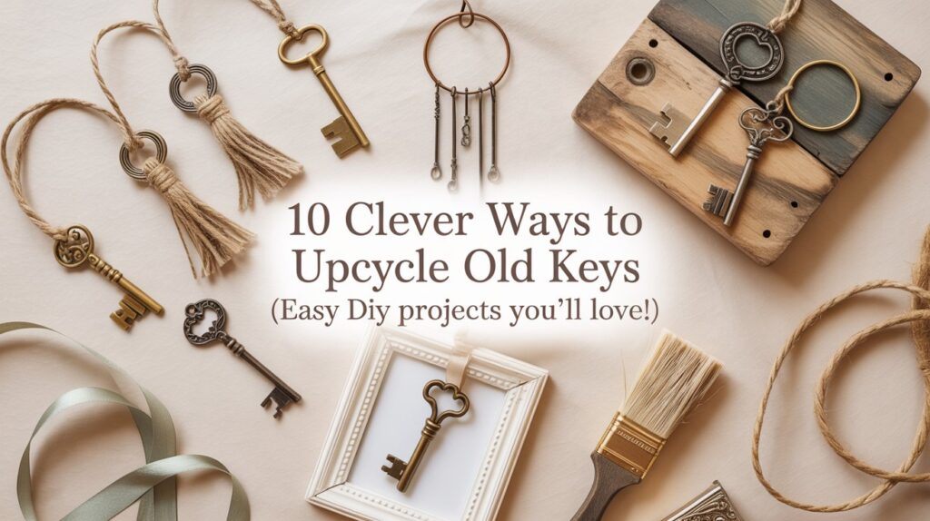 flat lay of vintage metal keys repurposed into diy home decor crafts — tassel bookmarks, key wind chime, jewelry hanger, and picture frame decor — soft neutral background with warm natural lighting — cozy farmhouse aesthetic, minimal props like twine, ribbon, and paintbrush — styled like a pinterest diy flat lay with overhead view — add elegant modern text overlay that reads “10 Clever Ways to Upcycle Old Keys (Easy DIY Projects You’ll Love!)” in a clean serif or handwritten font, white or muted gold lettering, centered composition
