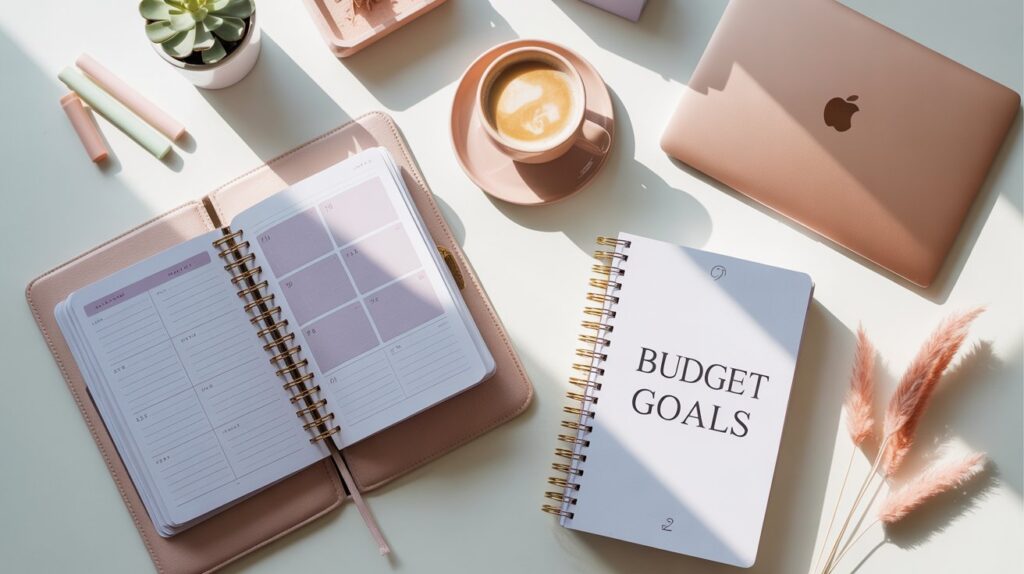 “A cozy flatlay of a minimalist desk setup with a pastel aesthetic. Includes a planner, laptop, coffee cup, and notebook labeled ‘Budget Goals’. Soft natural light, neutral colors, Gen Z style, modern and clean vibe, Pinterest-worthy composition.