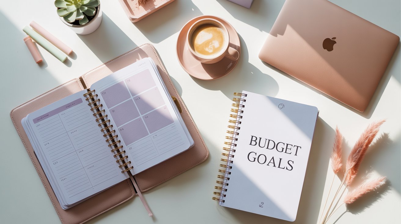 “A cozy flatlay of a minimalist desk setup with a pastel aesthetic. Includes a planner, laptop, coffee cup, and notebook labeled ‘Budget Goals’. Soft natural light, neutral colors, Gen Z style, modern and clean vibe, Pinterest-worthy composition.
