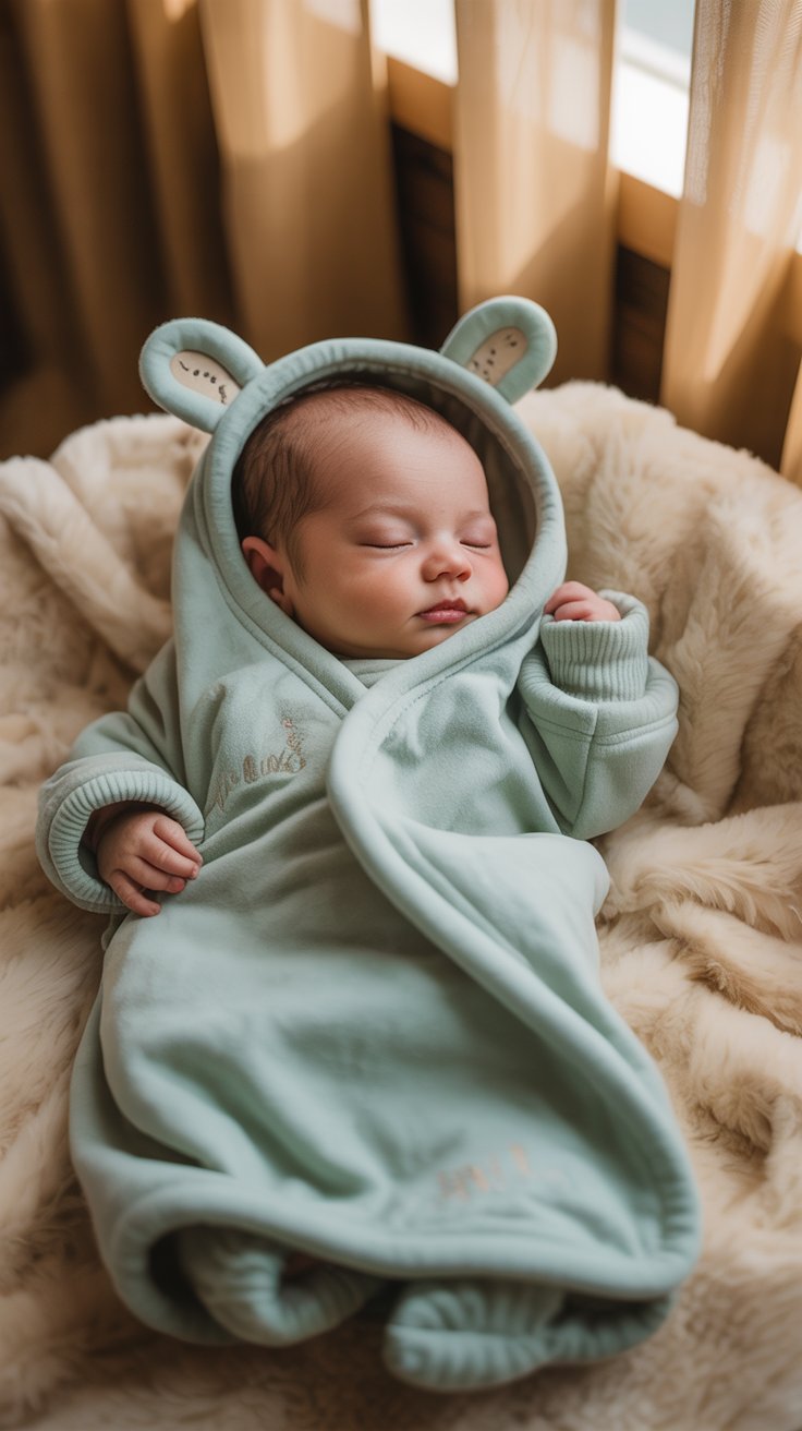 baby wrapped in a wearable blanket