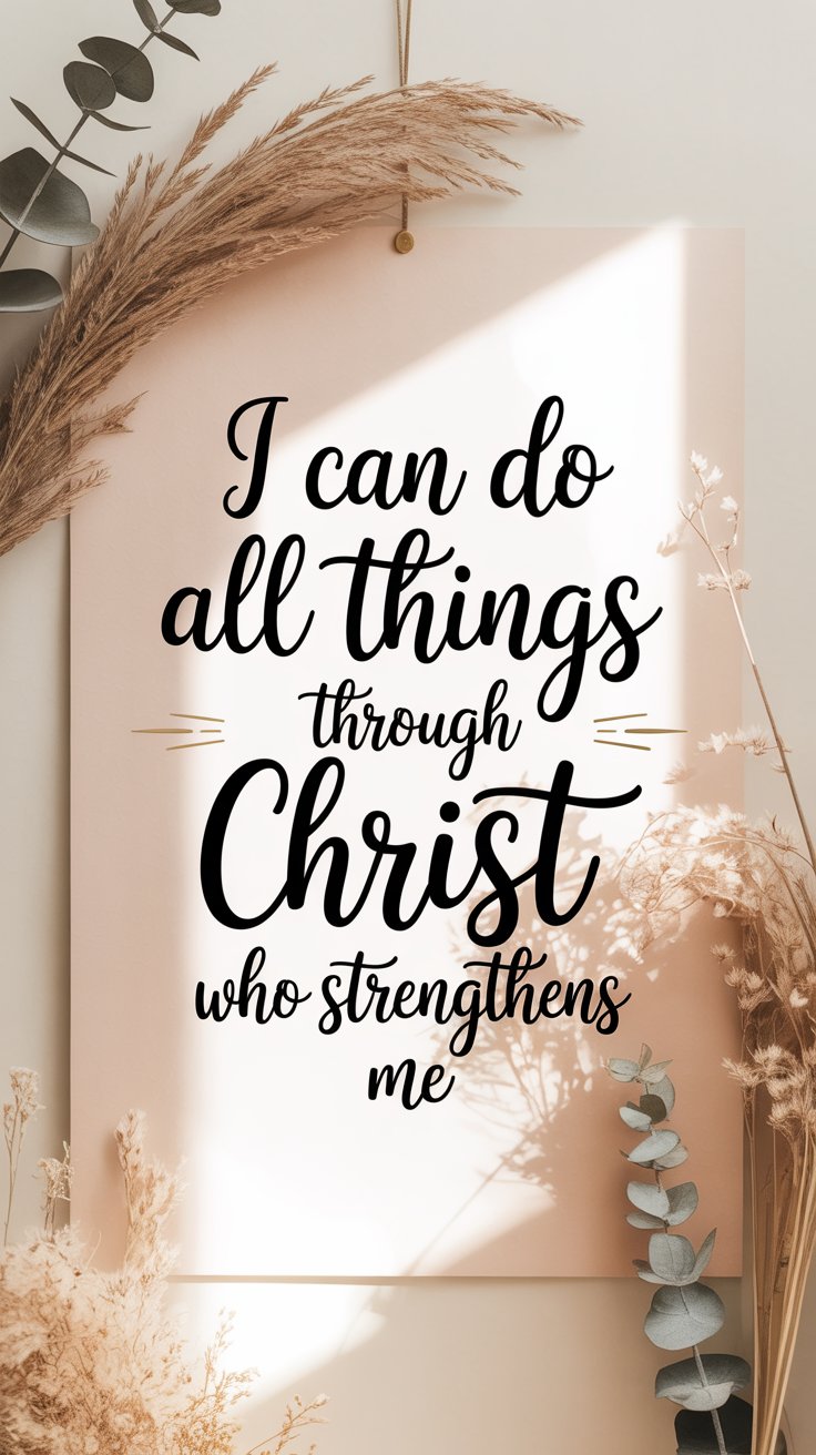 inspirational quote “I can do all things through Christ” on a soft beige background, warm light aesthetic for Gen Z women