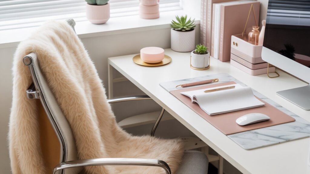 A chic and feminine cubicle workspace styled with blush pink and gold desk accessories, a small potted plant, a marble-look mouse pad, and a cozy throw draped over the chair. Bright, airy lighting with an organized and stylish look, perfect for modern office inspiration