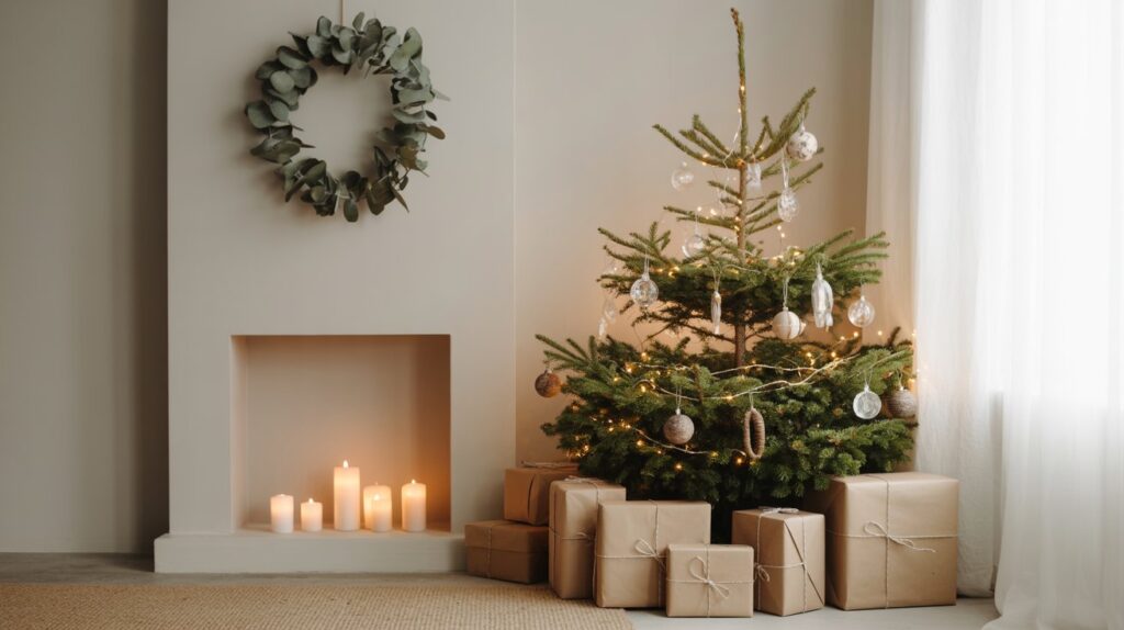 A photograph of a cozy, modern living room bathed in bright natural daylight, showcasing a minimalist Christmas aesthetic. A simple Christmas tree stands elegantly in the corner, adorned with clear glass ornaments, rustic wooden accents, and delicate fairy lights, while several wrapped presents in kraft paper tied with natural twine are neatly arranged beneath it. A plain eucalyptus wreath hangs gracefully on a light grey wall above a fireplace with glowing candles sitting on its mantel, and the entire room is unified by a calming neutral color palette of whites, creams, and soft greys. The scene evokes a calm and elegant atmosphere, perfectly capturing a Pinterest-worthy moment of holiday tranquility.