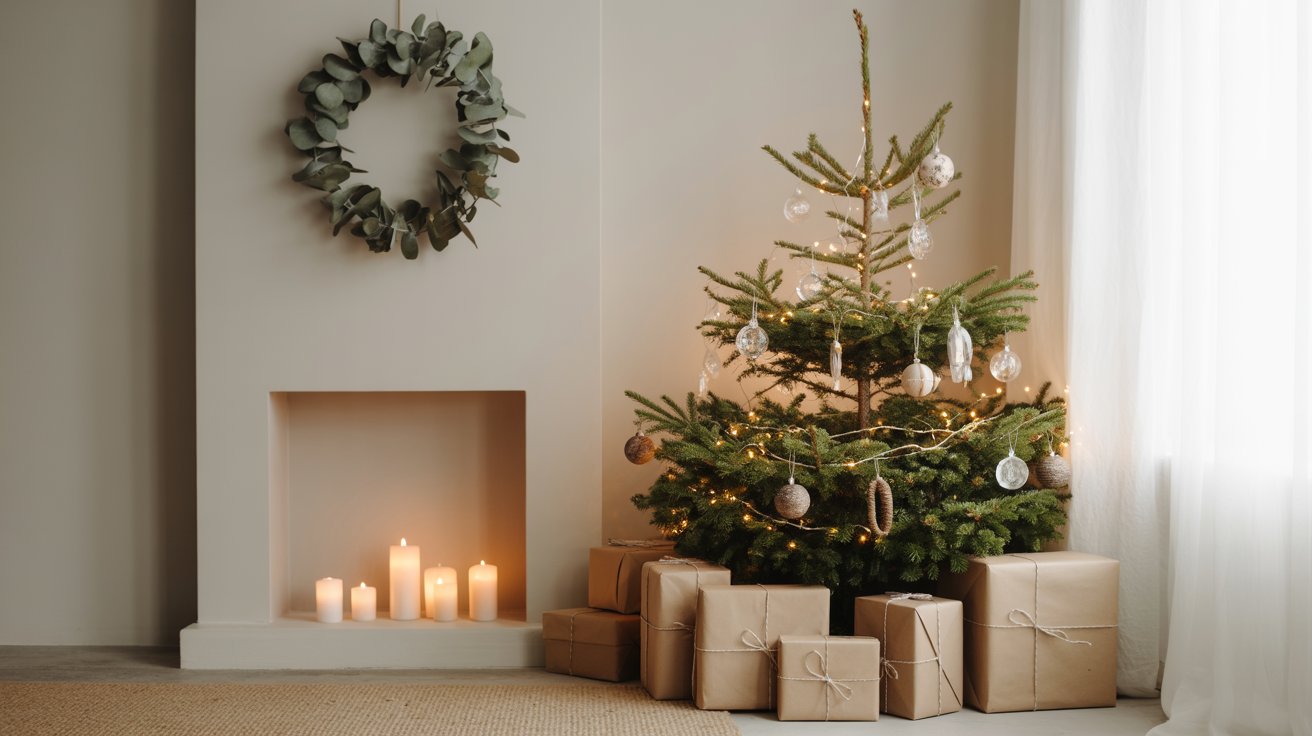A photograph of a cozy, modern living room bathed in bright natural daylight, showcasing a minimalist Christmas aesthetic. A simple Christmas tree stands elegantly in the corner, adorned with clear glass ornaments, rustic wooden accents, and delicate fairy lights, while several wrapped presents in kraft paper tied with natural twine are neatly arranged beneath it. A plain eucalyptus wreath hangs gracefully on a light grey wall above a fireplace with glowing candles sitting on its mantel, and the entire room is unified by a calming neutral color palette of whites, creams, and soft greys. The scene evokes a calm and elegant atmosphere, perfectly capturing a Pinterest-worthy moment of holiday tranquility.