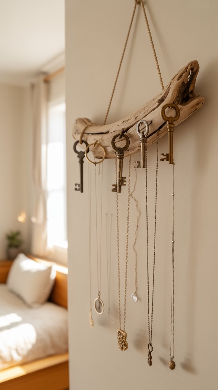 diy jewelry holder made from driftwood with vintage keys attached, necklaces and earrings hanging from keys, minimalist boho bedroom style, warm soft light