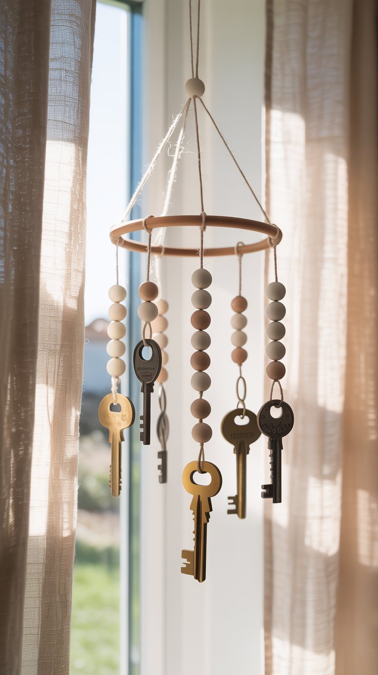 handmade mobile hanging near a sunny window made from old metal keys, beads, and twine — soft daylight, airy boho home decor style, minimal neutral tones