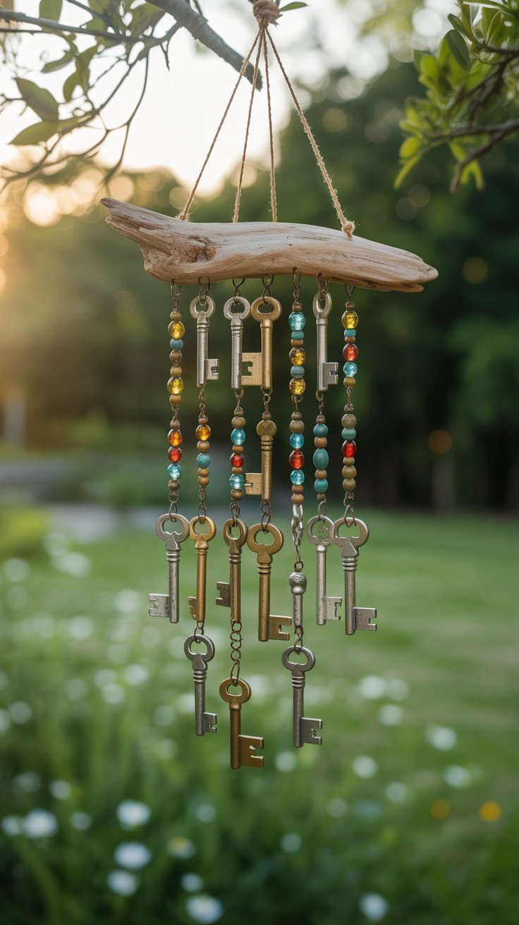 handmade wind chime crafted from old metal keys and beads hanging from driftwood, photographed outdoors in soft sunlight, gentle bokeh background, boho garden feel