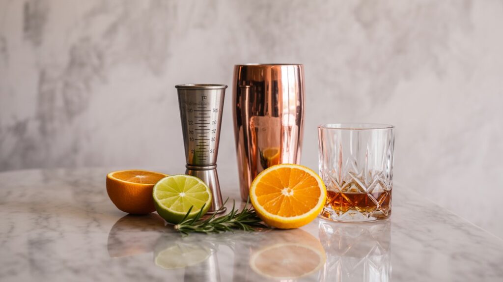 Flat lay of mixology tools and personalized cocktail accessories including shaker, jigger, whiskey glass, and citrus slices on marble background.