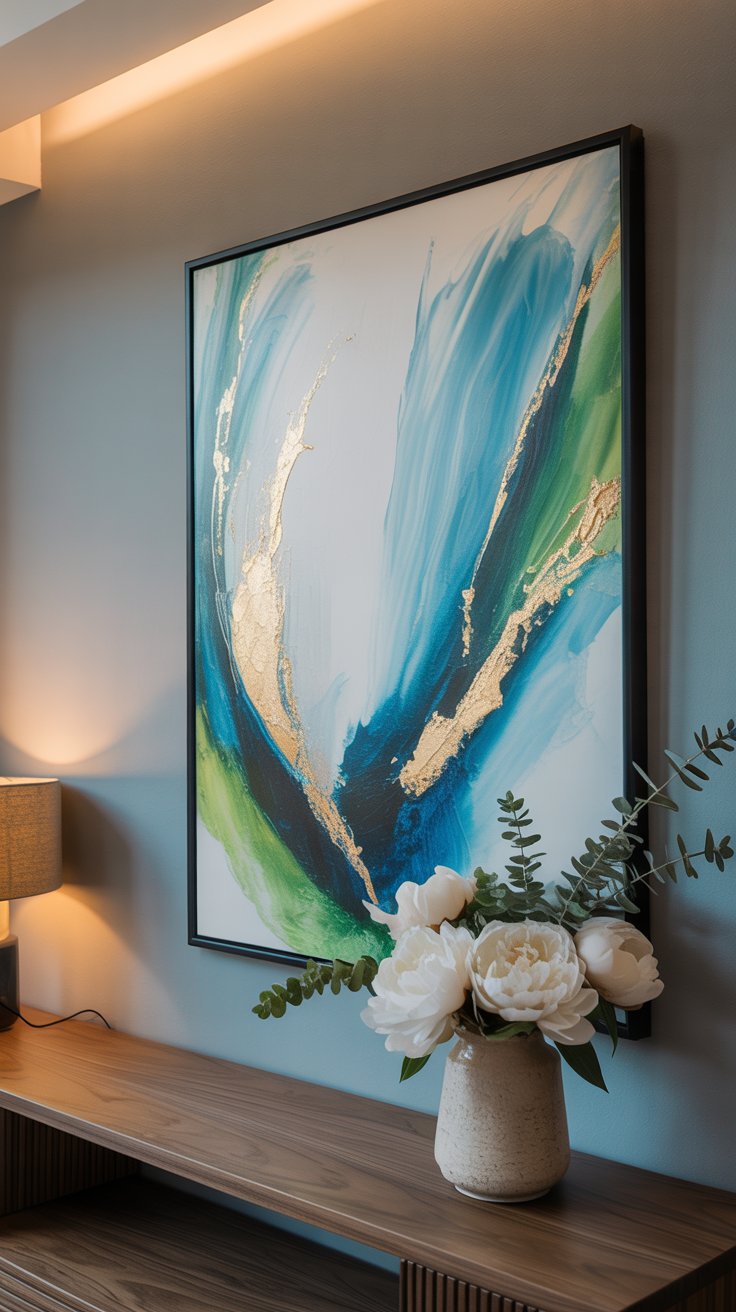 cozy living room setting showcasing a framed abstract art piece above a modern wooden console table. The artwork is a blend of soft brushstrokes and vivid colors, predominantly featuring shades of blue and green with accents of gold. The wall art, set against a light gray wall, provides a striking contrast and becomes the room's focal point. Include elements like a vase with fresh flowers and soft ambient lighting to enhance the inviting atmosphere."