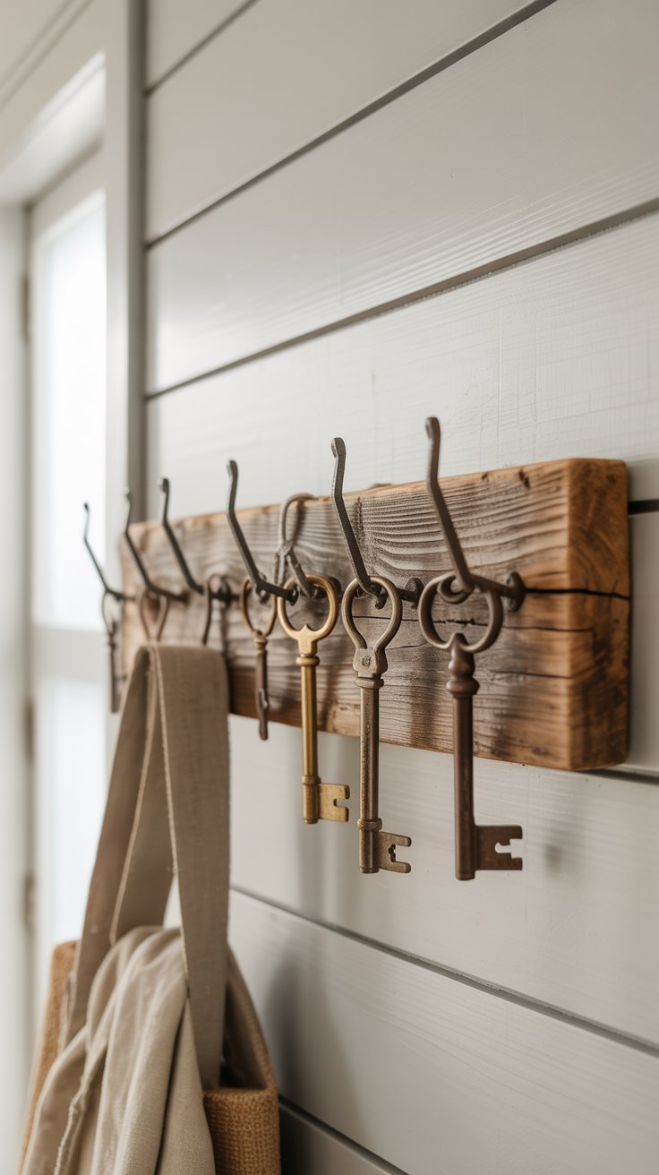 reclaimed wood coat rack with old keys and hooks attached, styled against a white wall with neutral textures, cozy rustic farmhouse vibe, natural lighting