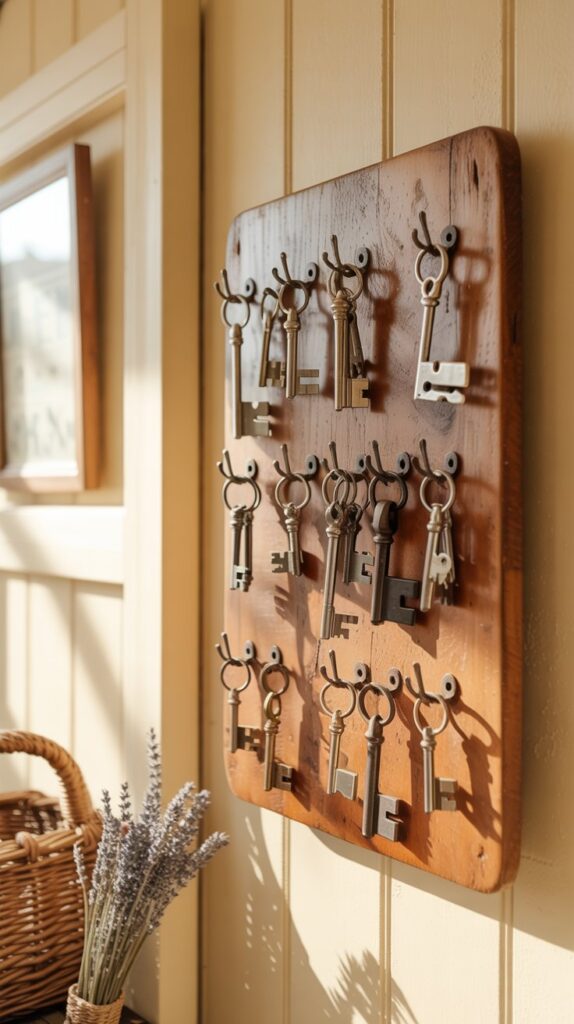 rustic wooden board decorated with old keys and small hooks used as a key holder, hanging on a cozy entryway wall — farmhouse chic style, soft shadows, natural lighting