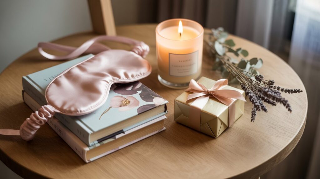 Flat lay of friendship gifts on a light wooden table, including a candle, wrapped gift box, silk sleep mask, and dried flowers. Warm, cozy pastel tones with a nurturing and uplifting feel.