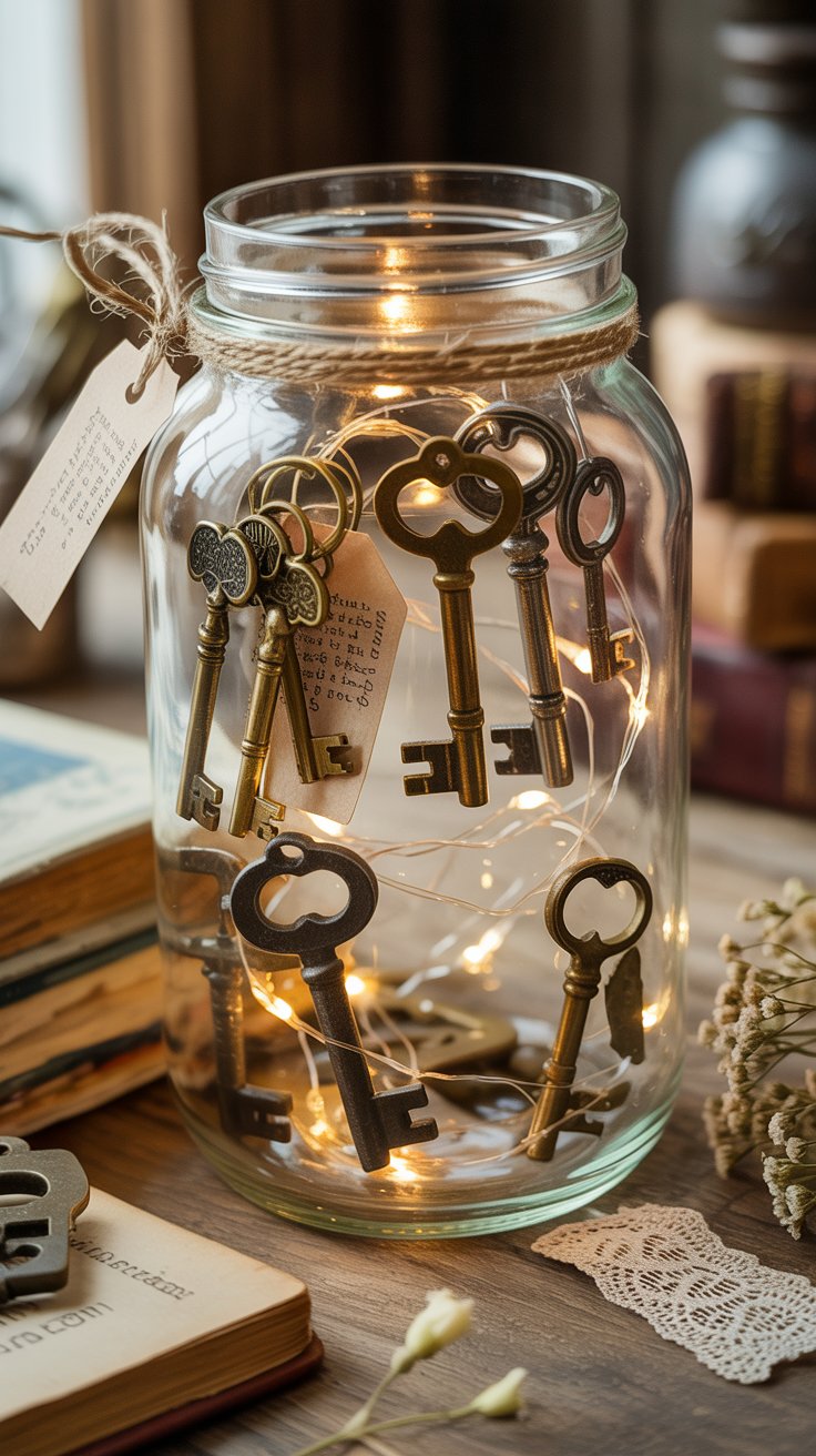 clear glass jar or shadow box filled with old metal keys, ribbon, small tags, fairy lights glowing softly inside, warm cozy vintage style, sentimental diy look
