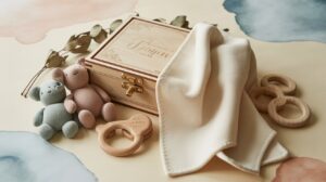 A selection of unique and creative baby shower gifts set against a soft pastel backdrop, featuring a personalized keepsake box, gender-neutral baby toys, and a cozy wearable blanket, showcasing thoughtful and practical gifts for expecting mothers.