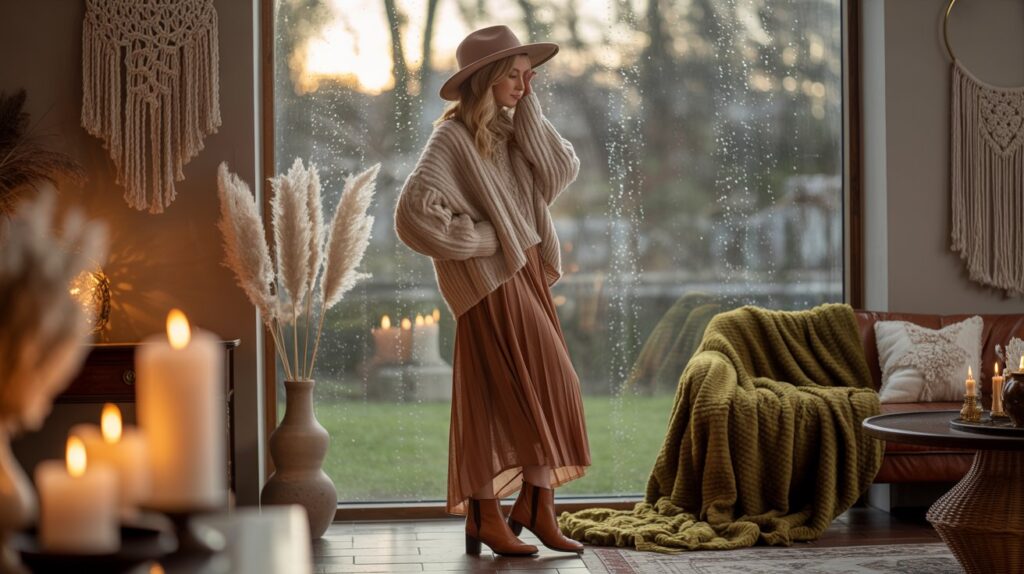 A cozy boho fashion scene on a rainy day — a woman standing near a softly lit window with raindrops on the glass, wearing layered neutral boho clothing: flowy skirt, chunky knit sweater, ankle boots, and wide-brim hat. Surroundings include a cozy corner with candles, woven textures, and a warm throw blanket. Earthy tones of cream, rust, olive, and beige. Soft cinematic lighting, warm mood, slightly misty background. Pinterest featured image aesthetic, feminine, cozy, stylish, no text.