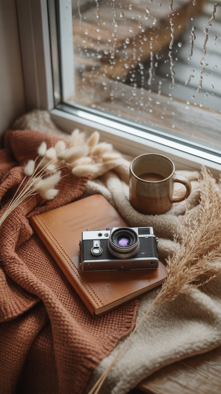 A creative flat lay with a boho touch — camera, journal, coffee mug, dried flowers, and a cozy blanket arranged near a window with raindrops visible. Natural light, earthy colors, and a feeling of slow living and creative inspiration. Pinterest aesthetic content creator style, cozy creative vibe, no text.