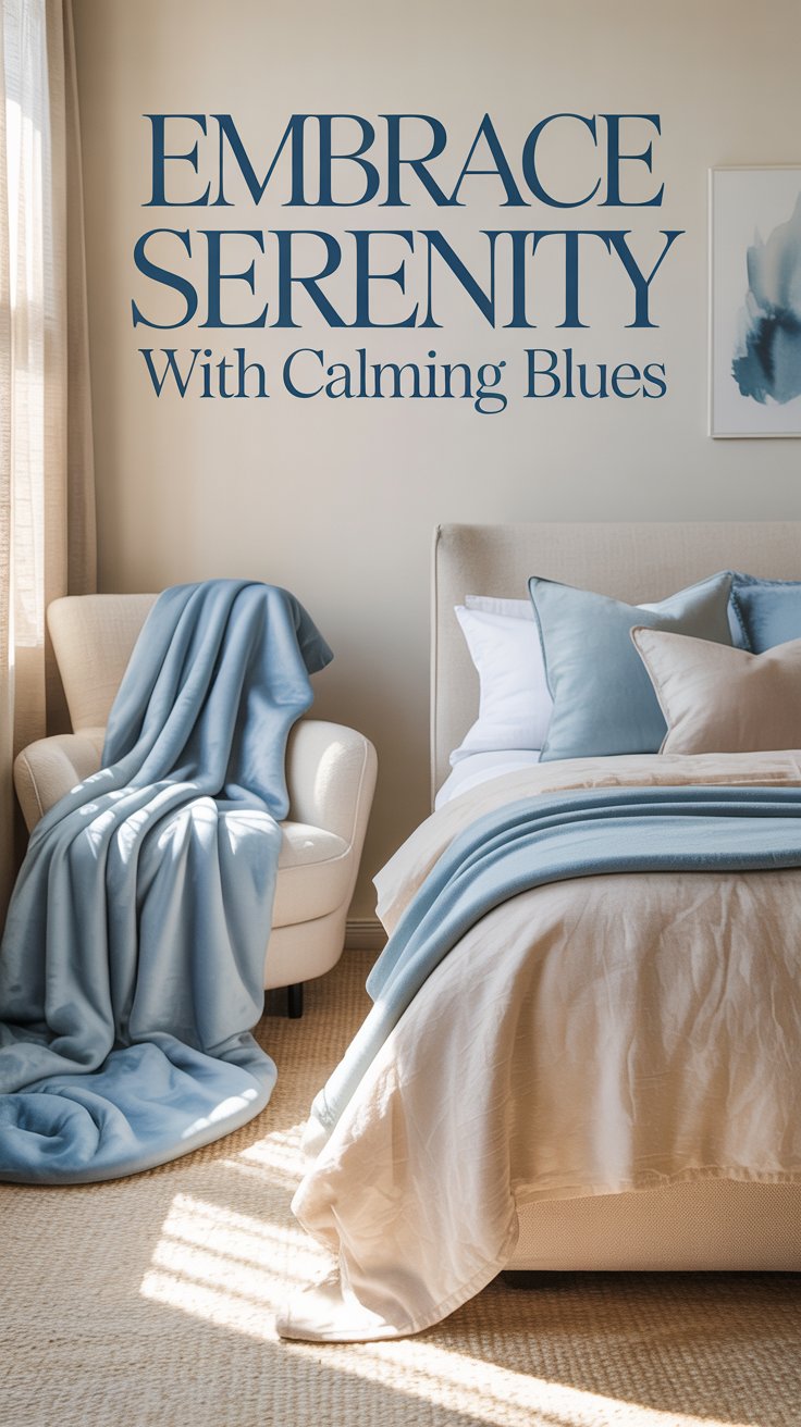 "A calming blue bedroom featuring a blue throw blanket, neutral bed sheets, and soft blue pillows to create a peaceful home sanctuary."